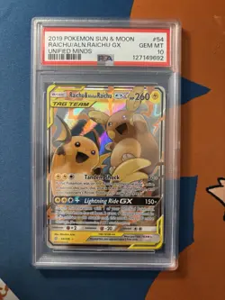 2019 POKEMON SUN & MOON UNIFIED MINDS #54 RAICHU & ALOLAN RAICHU GX PSA 10 - Image 1