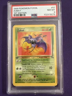 1999 Pokemon Fossil 1st Edition Zubat Card 57/62 PSA 8 - Image 1