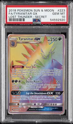 2018 POKEMON SUN & MOON LOST THUNDER SECRET #223 FULL ART/TYRANITAR GX PSA 10 - Image 1