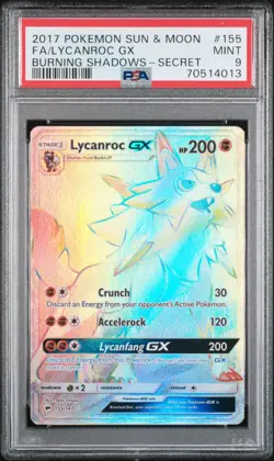 PSA 9 Lycanroc GX Full Art 2017 155/147 Burning Shadows Secret Rainbow Rare - Image 1