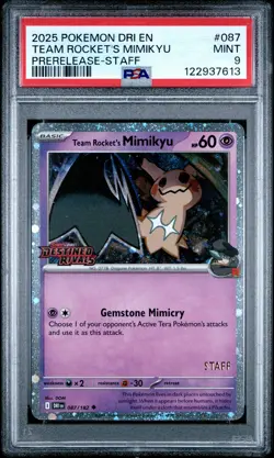 2025 POKEMON DRI EN-DESTINED RIVALS PRERELEASE-STAFF TEAM ROCKET'S MIMIKYU PSA 9 - Image 1