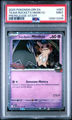 2025 POKEMON DRI EN-DESTINED RIVALS PRERELEASE-STAFF TEAM ROCKET'S MIMIKYU PSA 9 - Image 1