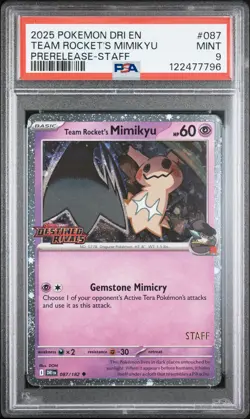 2025 POKEMON DRI EN-DESTINED RIVALS PRERELEASE-STAFF TEAM ROCKET'S MIMIKYU PSA 9 - Image 1