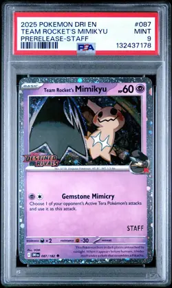 2025 POKEMON DRI EN-DESTINED RIVALS PRERELEASE-STAFF TEAM ROCKET'S MIMIKYU PSA 9 - Image 1