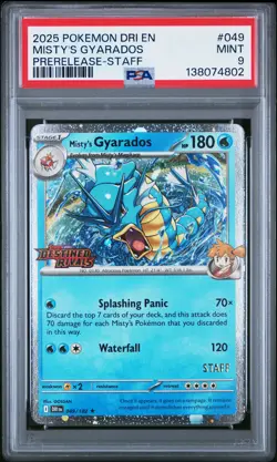 2025 POKEMON DRI EN-DESTINED RIVALS PRERELEASE-STAFF #049 MISTY'S GYARADOS PSA 9 - Image 1