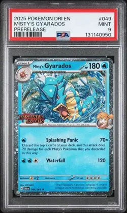 2025 POKEMON DRI EN DESTINED RIVALS PRERELEASE STAFF #049 MISTY'S GYARADOS PSA 9 - Image 1