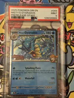 2025 POKEMON DRI EN-DESTINED RIVALS PRERELEASE-STAFF #049 MISTY'S GYARADOS PSA 9 - Image 1