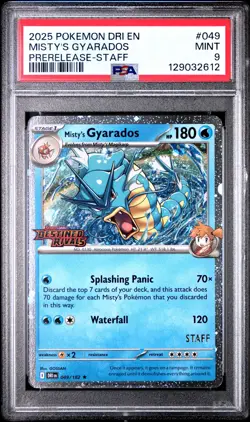 2025 POKEMON DRI EN-DESTINED RIVALS PRERELEASE-STAFF #049 MISTY'S GYARADOS PSA 9 - Image 1