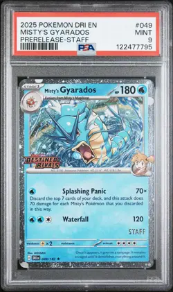2025 POKEMON DRI EN-DESTINED RIVALS PRERELEASE-STAFF #049 MISTY'S GYARADOS PSA 9 - Image 1
