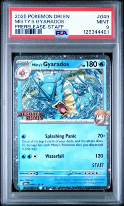 2025 POKEMON DRI EN-DESTINED RIVALS PRERELEASE-STAFF #049 MISTY'S GYARADOS PSA 9 - Image 1