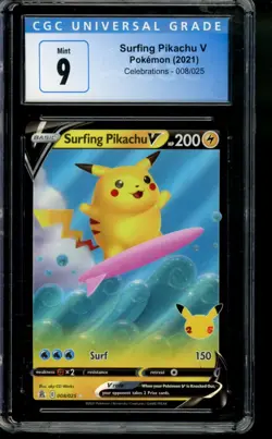 Surfing Pikachu V 008/025 Pokemon TCG Celebrations Graded CGC 9 Mint - Image 1