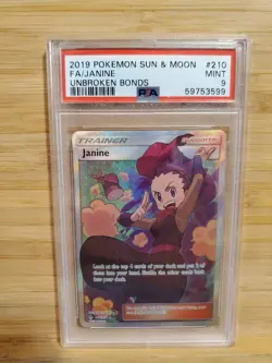 PSA 9 Janine Full Art Unbroken Bonds 210/214 Pokemon Card 2019 Sun & Moon - Image 1