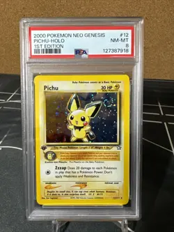 Pokemon TCG *SWIRL* Pichu 1st Edition Holo Rare Neo Genesis 12/111 Vintage PSA 8 - Image 1