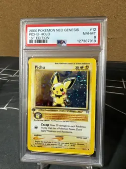 Pokemon TCG *SWIRL* Pichu 1st Edition Holo Rare Neo Genesis 12/111 Vintage PSA 8 - Image 2