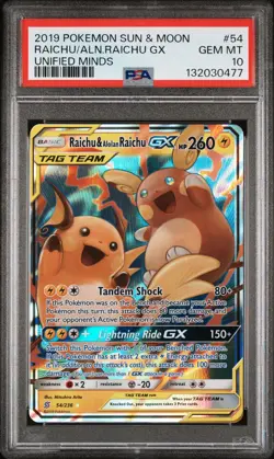 2019 POKEMON SUN & MOON UNIFIED MINDS #54 RAICHU & ALOLAN RAICHU GX PSA 10 - Image 1