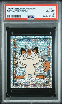 1999 MERLIN POKEMON #S11 MEOWTH-PRISM PSA 8 - Image 1
