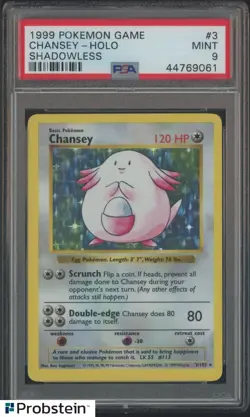 1999 Pokemon Game Shadowless #3 Chansey Holo PSA 9 MINT - Image 1