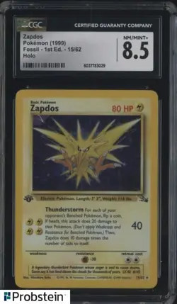 1999 Pokemon Fossil 1st Edition #15/62 Zapdos CGC 8.5 NM-MT+ - Image 1