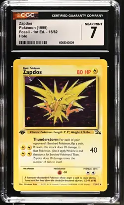 POKEMON CGC 7 NM Zapdos 15/62 1999 Fossil - 1st Edition Rare Holo *3009 - Image 1