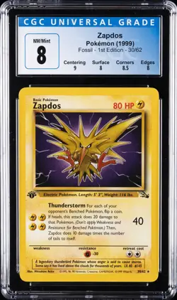 1999 POKEMON FOSSIL 1ST EDITION #30 ZAPDOS CGC 8 - Image 1