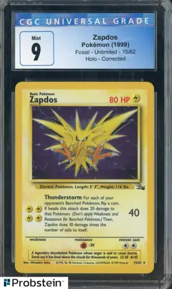 1999 Pokemon Fossil Unlimited #15/62 Zapdos Holo Corrected Version CGC 9 MINT - Image 1