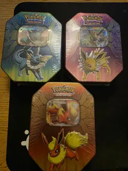 Pokemon Tins 2019 Elemental Powers Jolteon,Vaporeon,Flareon GX Sealed Set of 3 - Image 1