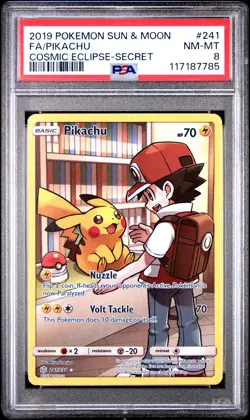 2019 POKEMON SUN & MOON COSMIC ECLIPSE SECRET #241 FULL ART/PIKACHU PSA 8 - Image 1