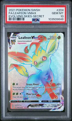 PSA 10 Leafeon VMAX 204/203 Evolving Skies Rainbow Secret Rare Pokemon Card - Image 1