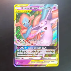 Espeon & Deoxys GX 72/236 Tag Team Ultra Rare Unified Minds NM+ Pokemon Card - Image 1