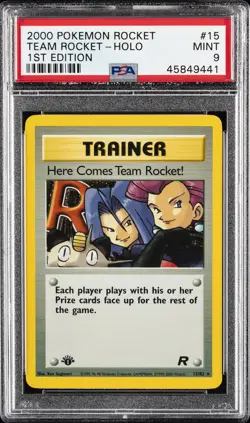 2000 POKEMON ROCKET 1ST ED #15 HERE COMES TEAM ROCKET!-HOLO PSA 9 - Image 1