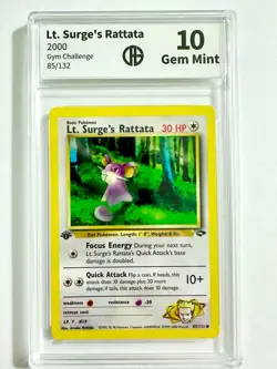 1st Edition Lt. Surge's Rattata 85/132 Gym Challenge 2000 CAG 10 Gem Mint # 19 - Image 1