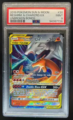 2019 Pokemon SM Unbroken Bonds Reshiram Charizard Tag Team GX Holo #20/214 PSA 9 - Image 1