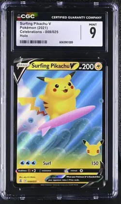 ⚡⚡ CGC 9 MINT Pokemon Surfing Pikachu V Celebrations 008/025 - Image 1