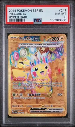 2024 POKEMON SSP EN-SURGING SPARKS HYPER RARE #247 PIKACHU EX PSA 8 - Image 1