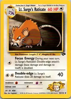 Gym Challenge #053/132 Lt. Surge's Raticate Pokemon Moderately Played - Image 1