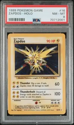 TCG 1999 Pokemon ZAPDOS Game Base Unlimited HOLO Foil Card # 16 Graded PSA 8 - Image 1