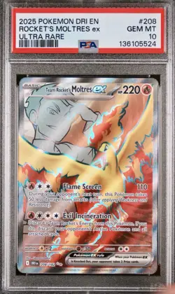 2025 POKEMON DRI EN DESTINED RIVALS ROCKET"S MOLTRES EX ULTRA RARE #208 PSA 10 - Image 1
