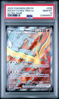 2025 POKEMON DRI EN DESTINED RIVALS ROCKET"S MOLTRES EX ULTRA RARE #208 PSA 10 - Image 1