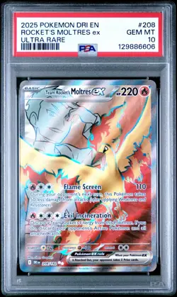 2025 POKEMON DRI EN DESTINED RIVALS ROCKET"S MOLTRES EX ULTRA RARE #208 PSA 10 - Image 1
