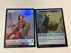 2 x mtg foil token Human Soldier // Gold, 002//013, Theros Beyond Death unplayed - Image 1