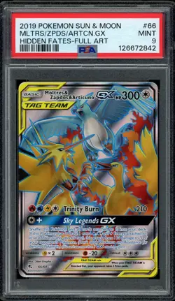 Pokemon PSA 9 Moltres & Zapdos & Articuno GX 66/68 Hidden Fates Full Art Mint - Image 1