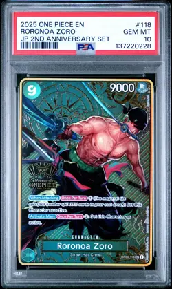2025 ONE PIECE OP06-118 JAPANESE 2ND ANNIVERSARY SET RORONOA ZORO ENG PSA 10 - Image 1