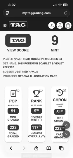 Team Rockets Moltres Ex 2025 #229/182 Tag Mint 9 Pokemon TCG - Image 3