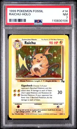 1999 English Pokemon PSA 7 NM Fossil Unlimited RAICHU Holo 14/62 Rare Holofoil - Image 1