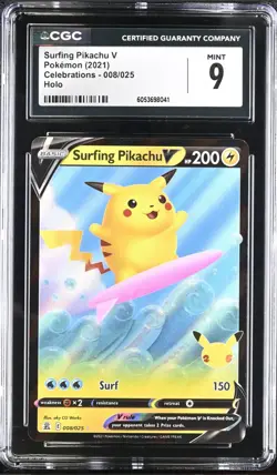 Pokemon TCG Surfing Pikachu v Celebrations Holo Rare Card 008/025 CGC 9 - Image 1