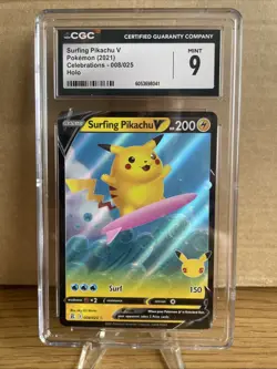 Pokemon TCG Surfing Pikachu v Celebrations Holo Rare Card 008/025 CGC 9 - Image 3