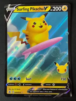 Pokemon Celebrations Surfing Pikachu V Holo 25th Anniversary 08/25 Pack Fresh - Image 1