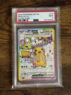 Pokemon Pikachu TCG Holo Card EX 219/191 Sv08 Surging Sparks PSA 9 Mint - Image 1