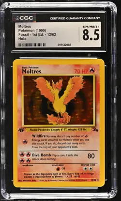 CGC 8.5 Moltres 1999 Fossil 1st Edition 12/62 Holo Pokemon Card - Image 1