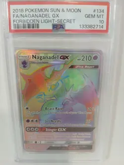 2018 POKEMON SUN & MOON FORBIDDEN LIGHT SECRET #134 FULL ART/NAGANADEL GX PSA 10 - Image 1